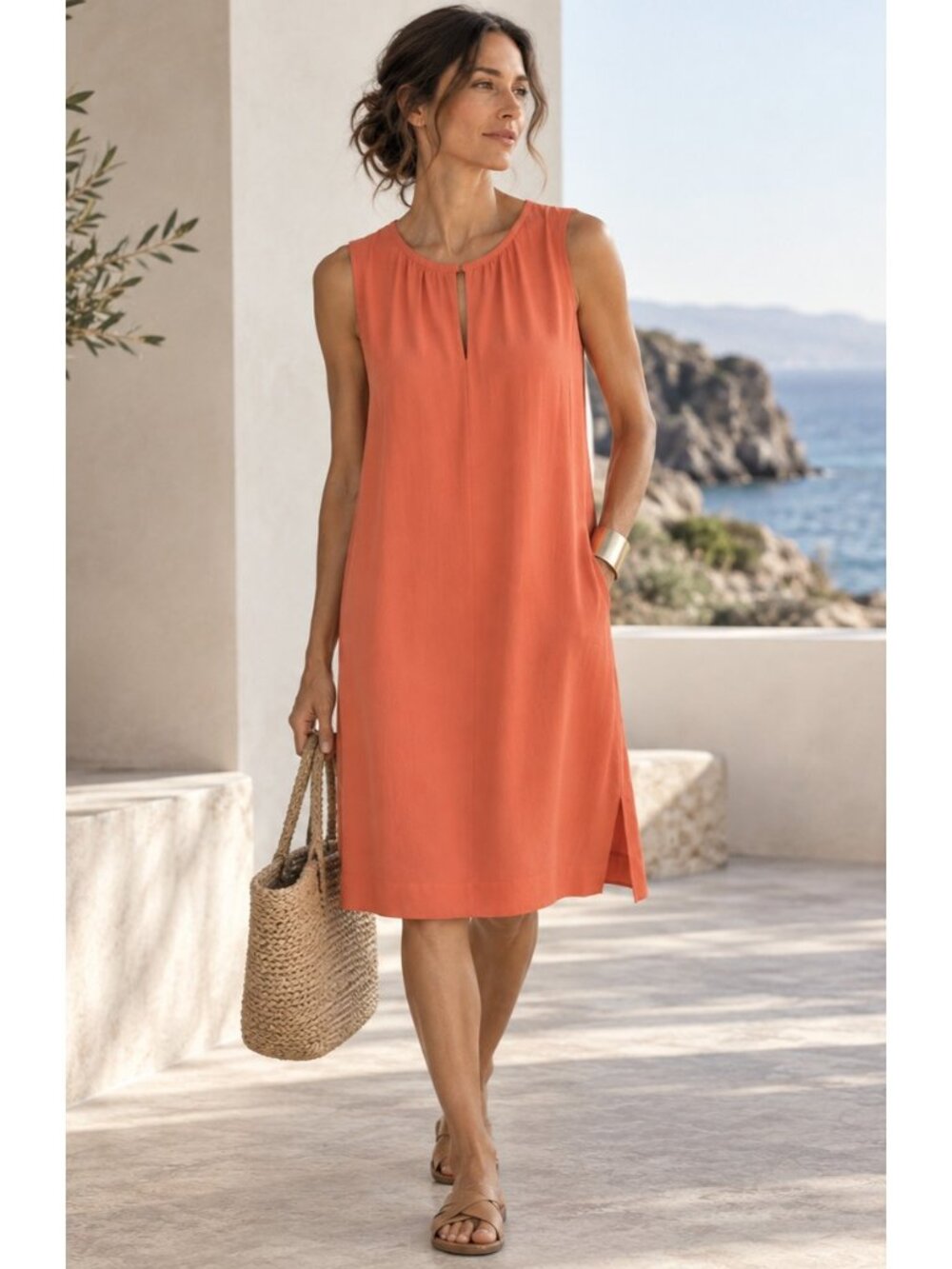 Eileen Fisher Red Lory Coral Orange Tencel Crepe Midi Dress M Sleeveless